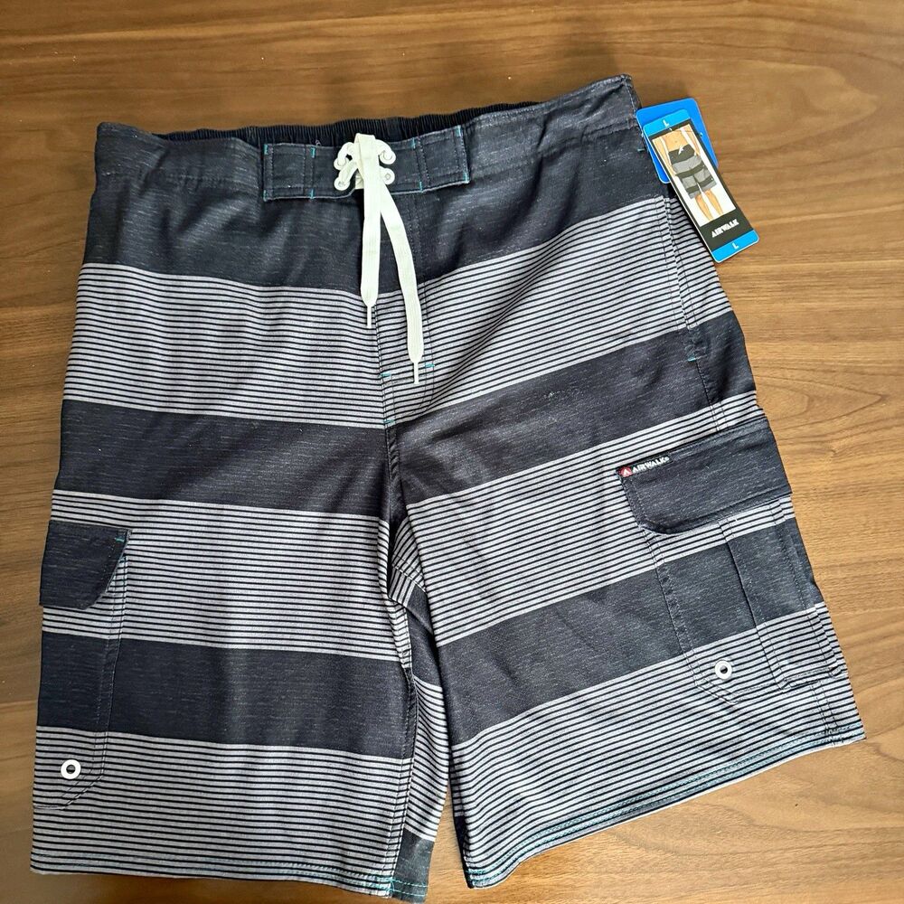AIRWALK Men's Striped Board Shorts L Gray/Black Drawstring Pockets